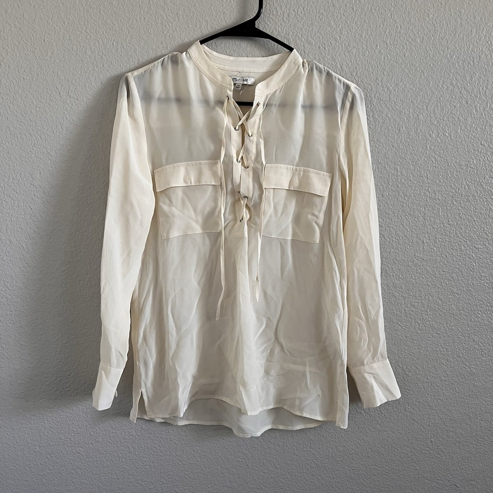 Madewell XS 100% Silk Lace Up Ivory Long Sleeve Coquette Feminine Career Chic